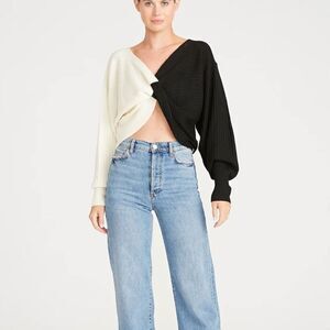 AMUR Cruz Twist Sweater - Black & Cream Off Shoulder 100% Merino Wool NWT Medium